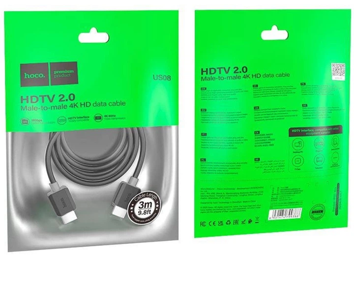 Кабель HOCO US08 HDMI 2.0 male-to-male 4K HD data cable 3м - Фото 2 Кабель HOCO US08 HDMI 2.0 male-to-male 4K HD data cable 3м - изображение 2