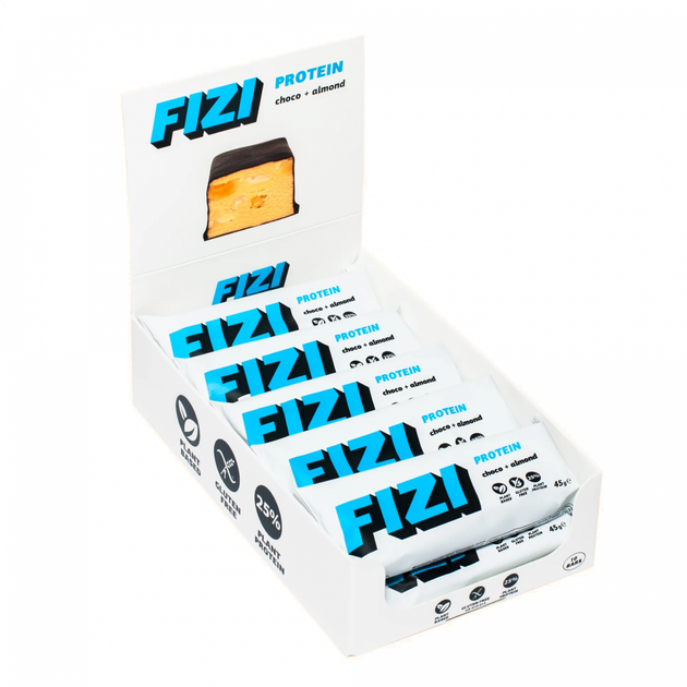 Батончики протеиновые FIZI Protein Bar 10х45g Almond-Choco (1086-2022-10-0333) - Фото 1 Батончики протеиновые FIZI Protein Bar 10х45g Almond-Choco (1086-2022-10-0333) - изображение 1