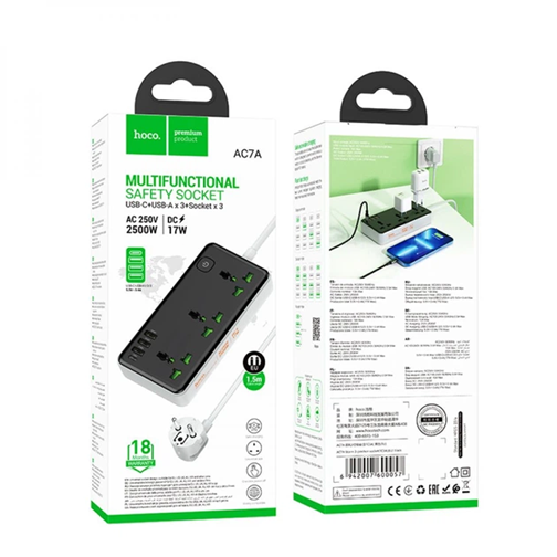 Мережевий подовжувач Hoco AC7A 1C3A 3 USB + Type-C 3 розетки 220В швидка зарядка захист від перевантаження Чорний - Фото 3 Мережевий подовжувач Hoco AC7A 1C3A 3 USB + Type-C 3 розетки 220В швидка зарядка захист від перевантаження Чорний - зображення 3