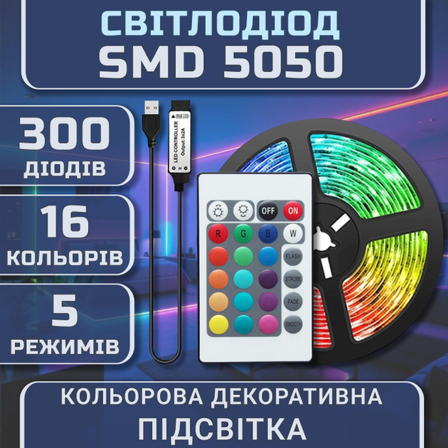 Світлодіодна RGB SMD5050 стрічка комплект 20м з пультом на 24 кнопки, 15 світлодіодів на метр, USB 5V - зображення 2