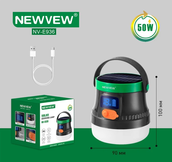 Фонарь аккумуляторный NEWVEW NV-E936 50W Solar Panel 2600mAh Green (NWVW-NV-E936-GN) - Фото 6 Фонарь аккумуляторный NEWVEW NV-E936 50W Solar Panel 2600mAh Green (NWVW-NV-E936-GN) - изображение 6