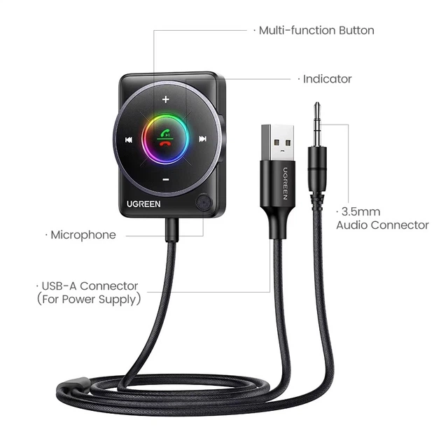 Ресивер Bluetooth UGREEN CM723 Bluetooth Receiver Audio Adapter, BT5.4, USB, AUX, 1.5m, Black - Фото 3 Ресивер Bluetooth UGREEN CM723 Bluetooth Receiver Audio Adapter, BT5.4, USB, AUX, 1.5m, Black - изображение 3