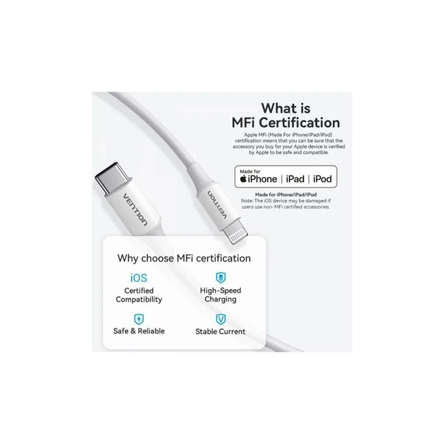 Дата кабель USB-C to Lightning 1.0m 3A white Vention (LAJWF) - зображення 3