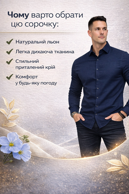 Рубашка классическая мужская из льна темно синяя, льняная рубашка с длинным рукавом, мужская одежда из натуральной ткани XL - изображение 4