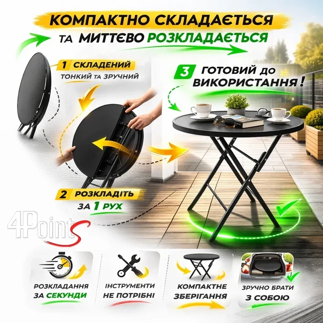 Комплект садових меблів 4Points Tondo-2 розкладний круглий стіл ⌀60см з чорною скляною стільницею та 2 стільці Чорний - зображення 5
