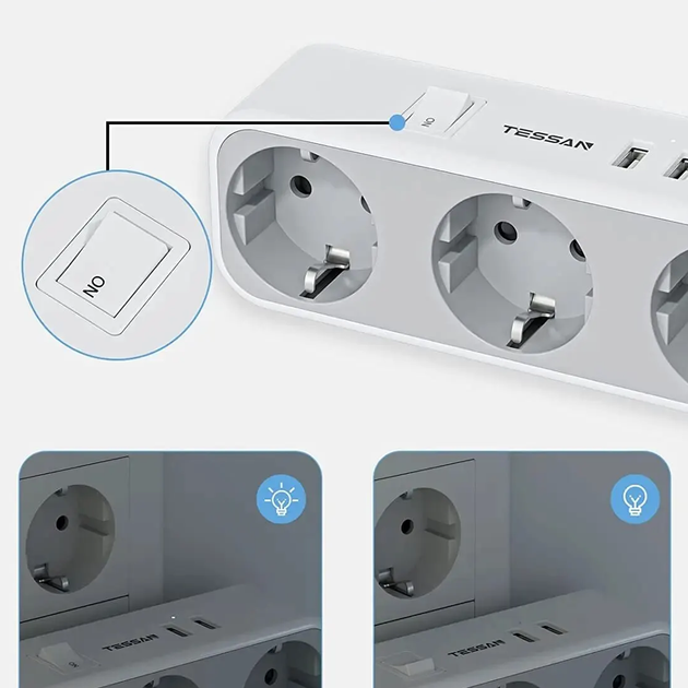 Сетевой фильтр Tessan TS-322 3600Вт 16А Белый разветвитель тройник 3 розетки 2 USB-А с выключателем - Фото 4 Сетевой фильтр Tessan TS-322 3600Вт 16А Белый разветвитель тройник 3 розетки 2 USB-А с выключателем - изображение 4
