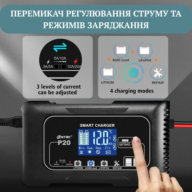 Зарядное устройство для аккумулятора HTRC P20 12V 20A/24V 10A автоматическое, для AGM, GEL, LiFePO4 и свинцово-кислотных АКБ - изображение 4