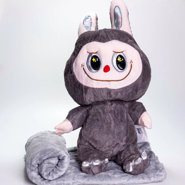 Плед-игрушка подушка 3 в 1 100x180см коралловый флис серый Labubu Дракон для детей - изображение 3