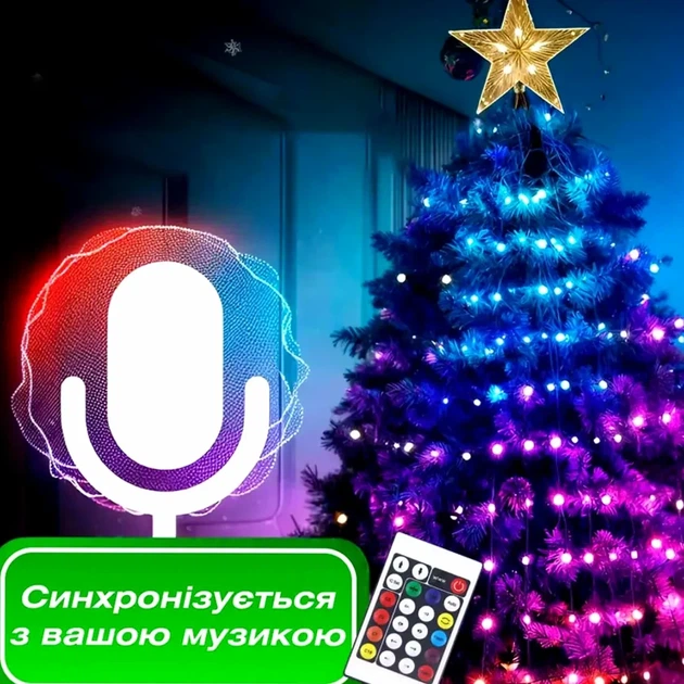 Умная гирлянда 250 LED 2.5 м с управлением черезсмартфон зеленая мультиколор для украшения елки - изображение 4
