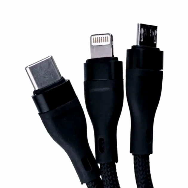 Кабель для заряджання 3 в 1 microUSB Type-C Lightning підтримка швидкого заряджання чорний - Фото 2 Кабель для заряджання 3 в 1 microUSB Type-C Lightning підтримка швидкого заряджання чорний - зображення 2