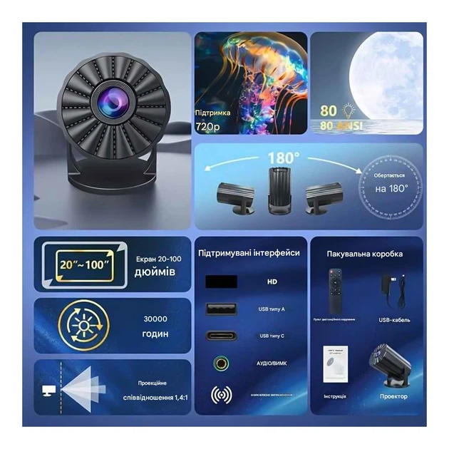 Проектор FIRE 408 HD 120ANSI 1280x720 Wi-Fi Bluetooth белый для домашнего кинотеатра диагональ 20-100 дюймов - изображение 8