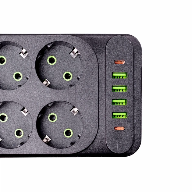 Мережевий фільтр подовжувач 5 м 6 розеток 4 USB 2 Type-C 2500 Вт чорний термостійкий ABS-пластик - Фото 5 Мережевий фільтр подовжувач 5 м 6 розеток 4 USB 2 Type-C 2500 Вт чорний термостійкий ABS-пластик - зображення 5