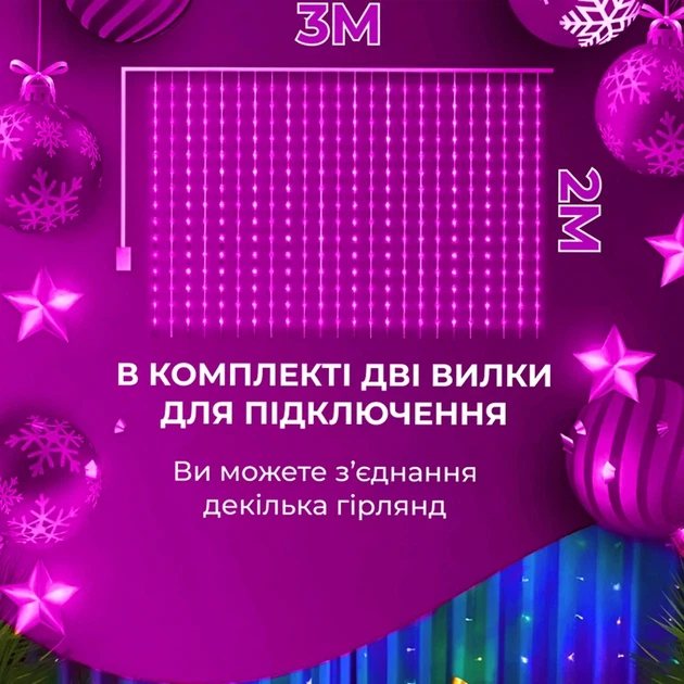 Гірлянда штора світлодіодна 200LED 3х3м 8 режимів GarlandoPro мультиколор для декору приміщень - зображення 5