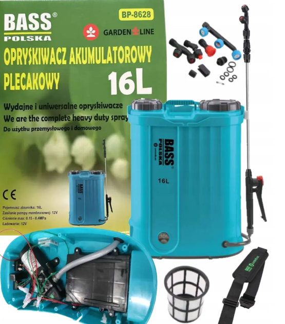 Обприскувач садовий акумуляторний Bass Polska 8628 ранцевий електричний розпилювач для саду та городу на 16 л - Фото 4 Обприскувач садовий акумуляторний Bass Polska 8628 ранцевий електричний розпилювач для саду та городу на 16 л - зображення 4