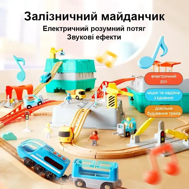 Набор Детская интерактивная железная дорога с площадками и электропоездом со звуком Mideer 4 в 1 городские Приключения (MD1566) конструктор города - изображение 3