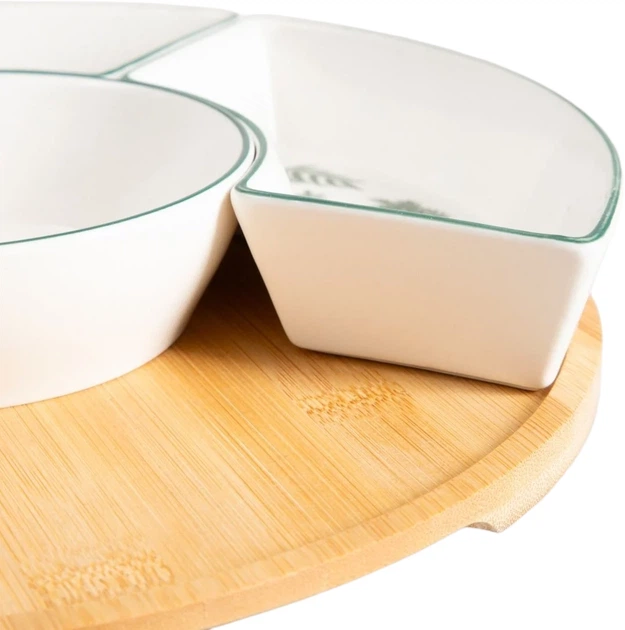 Тарілка Homla Fincan з чашами в зелене листя 5 шт + обертовий піднос 30 см (5906496755286) - зображення 5