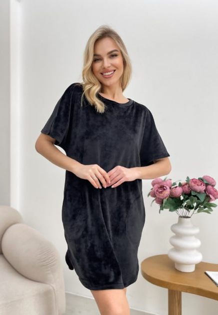 Велюровая ночная рубашка черная 3XL - Фото 1 Велюровая ночная рубашка черная 3XL - изображение 1