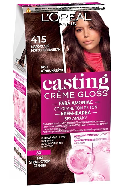 Краска уход для волос L'Oreal Paris Casting Creme Gloss № 415 "Морозный каштан" - Фото 1 Краска уход для волос L'Oreal Paris Casting Creme Gloss № 415 "Морозный каштан" - изображение 1