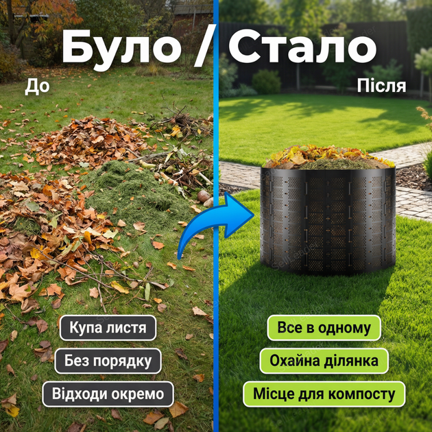 Компостер 1100л Ø 125 см садовый для листьев кухонных отходов органическое удобрение контейнер ящик черный - изображение 5