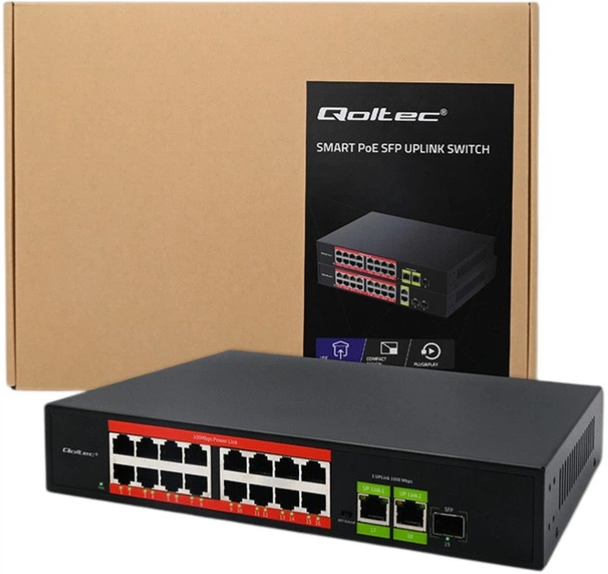Комутатор Qoltec SWITCH Fast Ethernet PoE 16 x RJ45 PoE / 2 x RJ45 Uplink / 1 x SFP 250W 1000 Mbps (5901878522913) - зображення 5