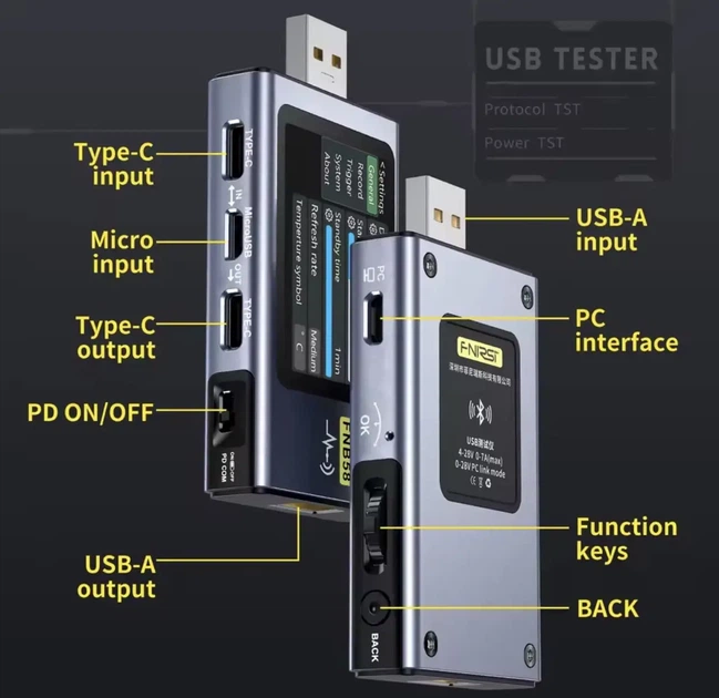 USB тестер FNIRSI FNB58 з Bluetooth, вимірювач напруги, струму та потужності, PD QC - изображение 5