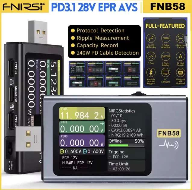 USB тестер FNIRSI FNB58 з Bluetooth, вимірювач напруги, струму та потужності, PD QC - изображение 8