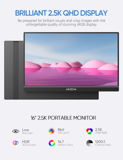 Портативный монитор ARZOPA Z1RC 16" 2.5K 123% sRGB IPS USB-C - изображение 9