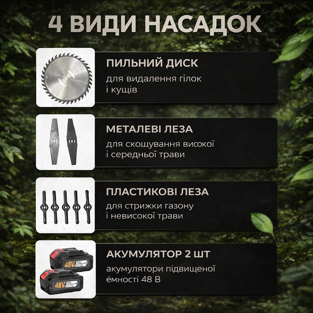 Триммер аккумуляторный 48в 2 акб беспроводная косилка от аккумулятора для травы-газона - изображение 5