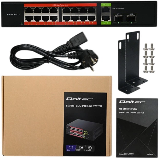 Przelacznik sieciowy Qoltec SWITCH Gigabit Ethernet PoE 16 x RJ45 PoE / 2 x RJ45 Uplink / 2 x SFP 250W 1000 Mbps (5901878522920) - obraz 6
