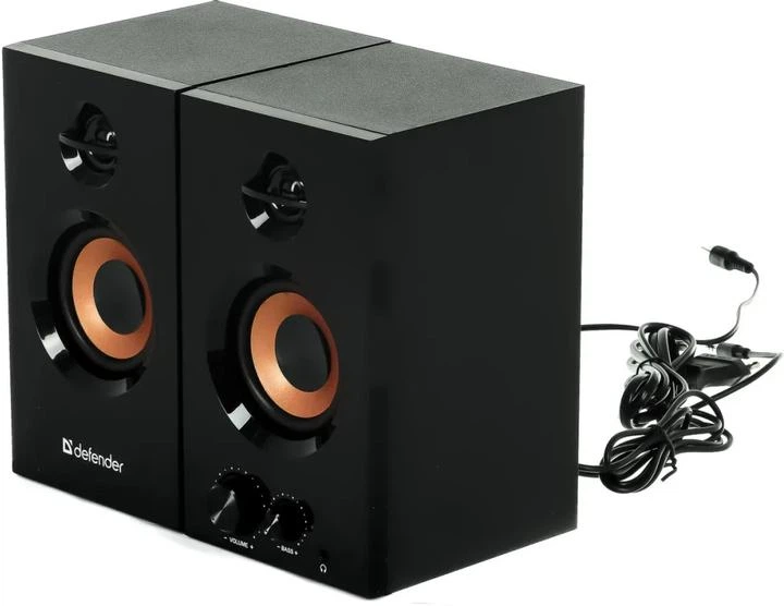 Компьютерные колонки Defender Aurora S20 Black — мощность 20 Вт (2×10 Вт), акустическая система 2.0, деревянный корпус MDF, диапазон 20–20000 Гц, AUX 3.5 мм, регулировка басов, колонки для ПК и ноутбука - изображение 2