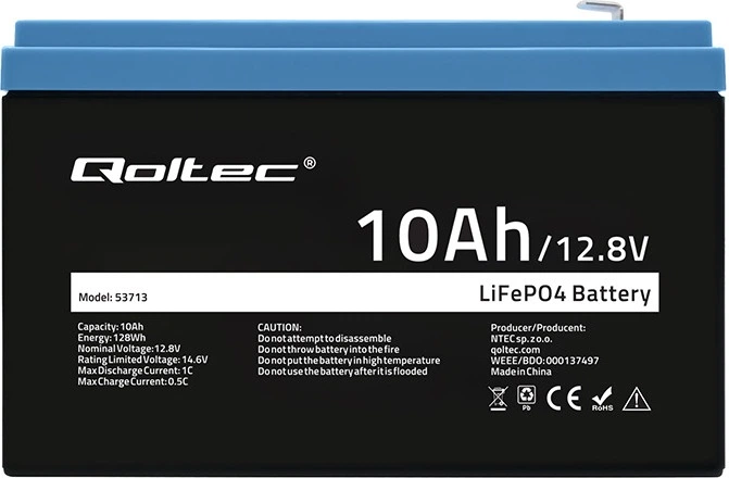 Акумуляторна батарея Qoltec LiFePO4 літій-залізо-фосфатна 12.8 В 10 Аг 128 Вт на год BMS (5901878537139) - зображення 2
