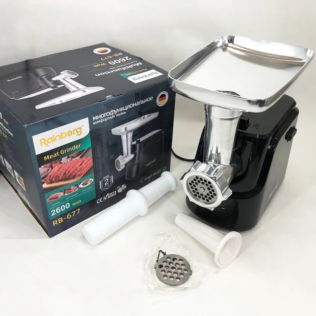 Электромясорубка Rainberg RB-677 2600 Вт с реверсом, шнековая мясорубка для фарша, насадки для колбас и кеббе, 2 решетки - Фото 4 Электромясорубка Rainberg RB-677 2600 Вт с реверсом, шнековая мясорубка для фарша, насадки для колбас и кеббе, 2 решетки - изображение 4