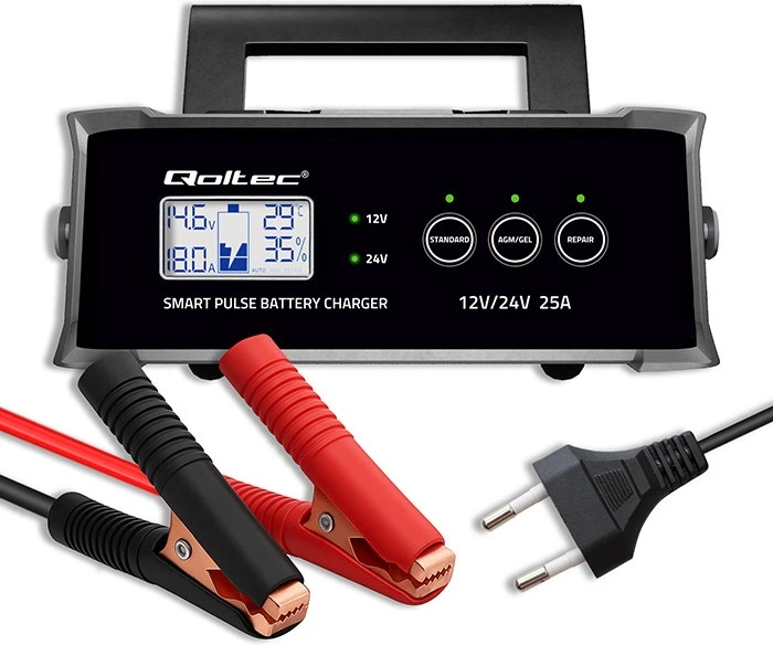 Inteligentna mikroprocesorowa ładowarka Qoltec do akumulatora AGM/GEL/SLA LCD 12-24 V 25 A (5901878525143) - Zdjęcie 4 Inteligentna mikroprocesorowa ładowarka Qoltec do akumulatora AGM/GEL/SLA LCD 12-24 V 25 A (5901878525143) - obraz 4