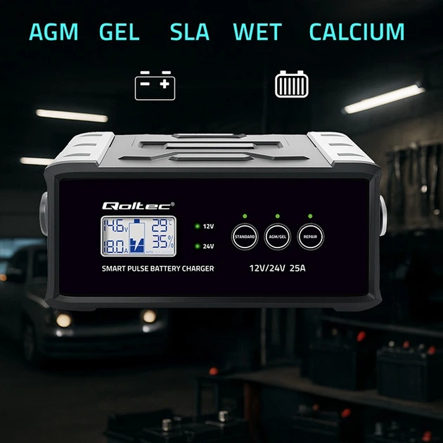 Inteligentna mikroprocesorowa ładowarka Qoltec do akumulatora AGM/GEL/SLA LCD 12-24 V 25 A (5901878525143) - Zdjęcie 10 Inteligentna mikroprocesorowa ładowarka Qoltec do akumulatora AGM/GEL/SLA LCD 12-24 V 25 A (5901878525143) - obraz 10