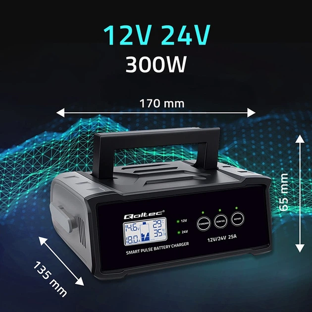 Inteligentna mikroprocesorowa ładowarka Qoltec do akumulatora AGM/GEL/SLA LCD 12-24 V 25 A (5901878525143) - Zdjęcie 11 Inteligentna mikroprocesorowa ładowarka Qoltec do akumulatora AGM/GEL/SLA LCD 12-24 V 25 A (5901878525143) - obraz 11