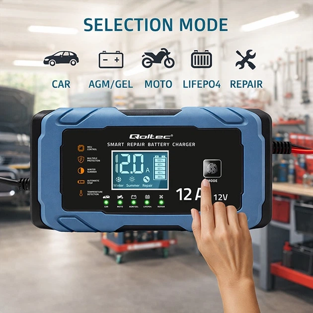 Inteligentna mikroprocesorowa ładowarka Qoltec do akumulatora AGM/GEL/LiFePO4 12 V 12 A (5901878526676) - obraz 5