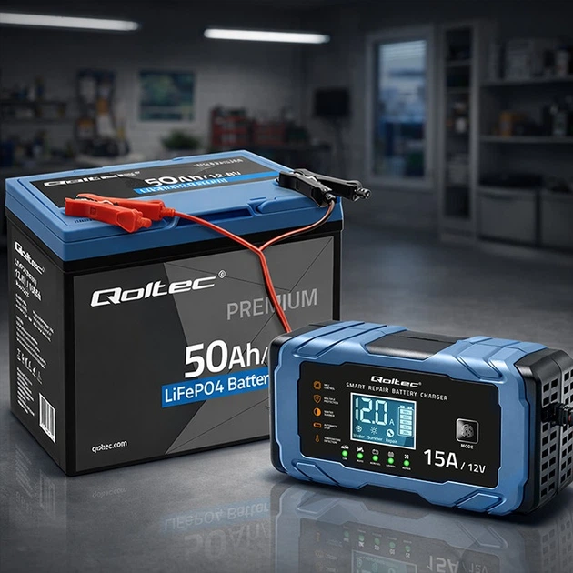 Inteligentna mikroprocesorowa ładowarka Qoltec do akumulatora AGM/GEL/LiFePO4 12 V 15 A (5901878526669) - Zdjęcie 10 Inteligentna mikroprocesorowa ładowarka Qoltec do akumulatora AGM/GEL/LiFePO4 12 V 15 A (5901878526669) - obraz 10