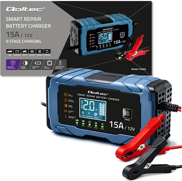 Inteligentna mikroprocesorowa ładowarka Qoltec do akumulatora AGM/GEL/LiFePO4 12 V 15 A (5901878526669) - Zdjęcie 12 Inteligentna mikroprocesorowa ładowarka Qoltec do akumulatora AGM/GEL/LiFePO4 12 V 15 A (5901878526669) - obraz 12