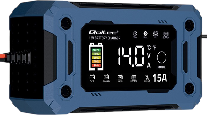 Inteligentna mikroprocesorowa ładowarka Qoltec do akumulatora AGM/GEL/LiFePO4 LCD 12 V 15 A (5901878524962) - Zdjęcie 1 Inteligentna mikroprocesorowa ładowarka Qoltec do akumulatora AGM/GEL/LiFePO4 LCD 12 V 15 A (5901878524962) - obraz 1