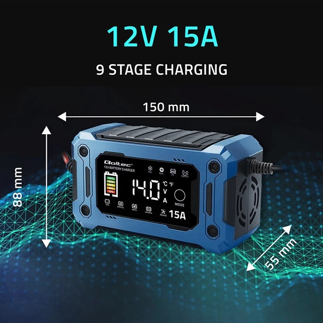 Inteligentna mikroprocesorowa ładowarka Qoltec do akumulatora AGM/GEL/LiFePO4 LCD 12 V 15 A (5901878524962) - Zdjęcie 5 Inteligentna mikroprocesorowa ładowarka Qoltec do akumulatora AGM/GEL/LiFePO4 LCD 12 V 15 A (5901878524962) - obraz 5