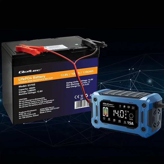 Inteligentna mikroprocesorowa ładowarka Qoltec do akumulatora AGM/GEL/LiFePO4 LCD 12 V 15 A (5901878524962) - Zdjęcie 11 Inteligentna mikroprocesorowa ładowarka Qoltec do akumulatora AGM/GEL/LiFePO4 LCD 12 V 15 A (5901878524962) - obraz 11