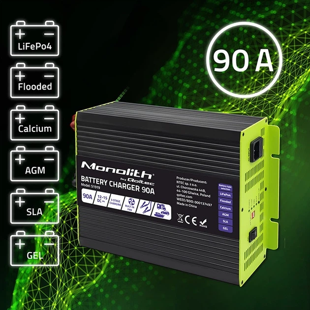 Inteligentna ładowarka Qoltec Monolith do akumulatora LiFePO4/AGM/GEL/SLA 12 V 90 A (5901878519197) - Zdjęcie 6 Inteligentna ładowarka Qoltec Monolith do akumulatora LiFePO4/AGM/GEL/SLA 12 V 90 A (5901878519197) - obraz 6