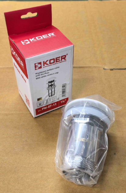 Донный клапан для раковины Koer PW-07-11 1 1/4'' с переливом автоматический СLICK-СLACK (Белая крышка) (KR5784) - Фото 3 Донный клапан для раковины Koer PW-07-11 1 1/4'' с переливом автоматический СLICK-СLACK (Белая крышка) (KR5784) - изображение 3