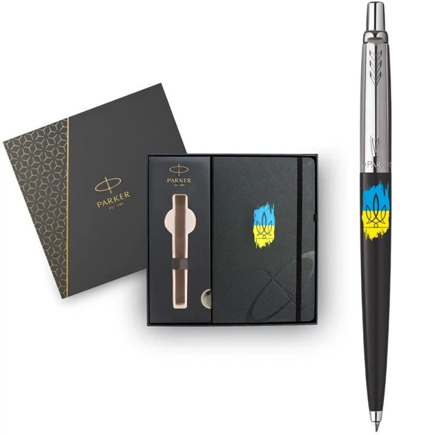 Подарунковий набір Parker JOTTER Originals UKRAINE Black CT BP Тризуб фігурний на тлі прапора (кулькова ручка + блокнот Parker) - Фото 3 Подарунковий набір Parker JOTTER Originals UKRAINE Black CT BP Тризуб фігурний на тлі прапора (кулькова ручка + блокнот Parker) - зображення 3