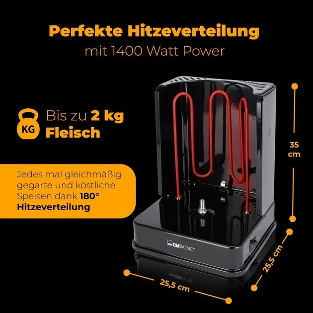 Электрошашлычница Clatronic DVG 3686 вертикальный мультигриль для шашлыка/шаурмы и курицы-гриль 6 шампуров 1400 Вт 3в1 (3686) - изображение 9