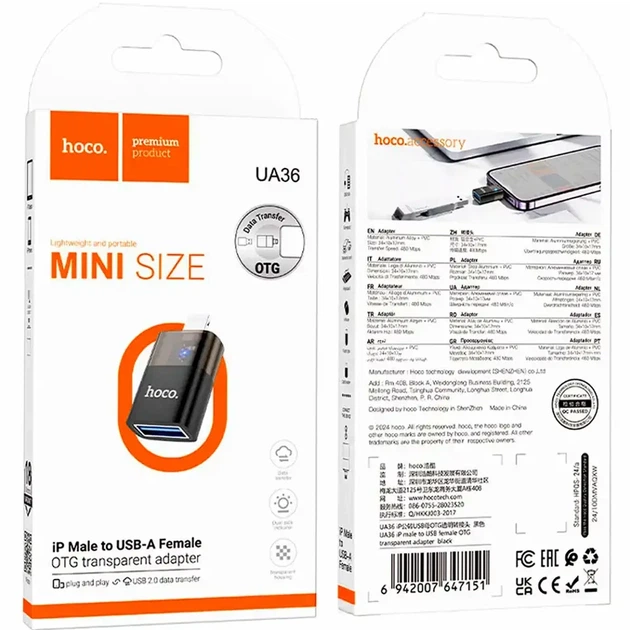 Адаптер Lightning USB Hoco UA36 OTG 480Mbps чорний алюмінієвий 34x10x17мм для підключення пристроїв - зображення 8