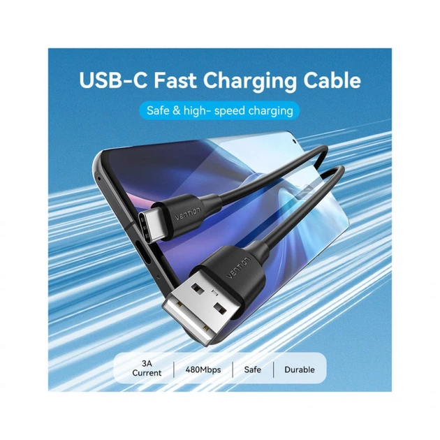 Дата кабель USB 2.0 AM to USB-C 1.0m 3A black Vention (CTHBF) (355898) - зображення 2