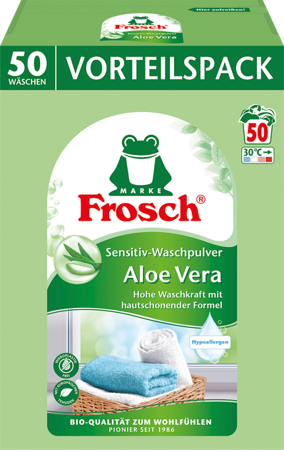 Порошок для чутливої шкіри малюка та людей схильних до алергії Frosch Sensitiv-waschpulver Aloe vera 50 прань 3.3 кг - Фото 1 Порошок для чутливої шкіри малюка та людей схильних до алергії Frosch Sensitiv-waschpulver Aloe vera 50 прань 3.3 кг - зображення 1