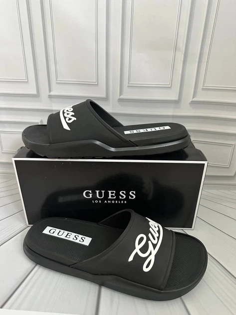 Чоловічі шльопанці слайди Guess чорні з білим лого розмір 43 - Фото 5 Чоловічі шльопанці слайди Guess чорні з білим лого розмір 43 - изображение 5