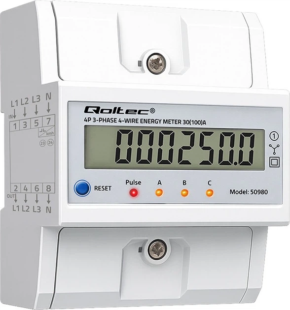 Лічильник електроенергії Qoltec трифазний зі скиданням 400 В 100 А LED для DIN-рейки (5901878509808) - зображення 3